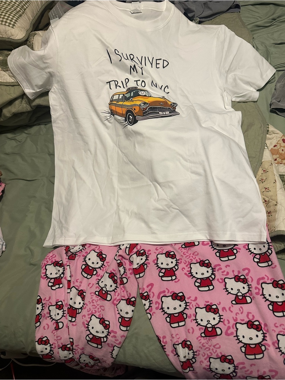 Spiderman Tom Holland Pajama Set - Hello Kitty pj pants, I Survived NYC tshirt
